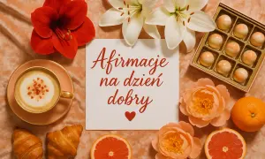 Kawa, croissanty, kwiaty i słodkości. Karta z napisem "Afirmacje na dzień dobry" inspiruje kobiety do pozytywnego myślenia.