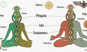 Ilustracja przedstawia schemat ludzkiego ciała z zaznaczonymi siedmioma głównymi czakrami, kanałami Idą, Pingalą i Suszumną.