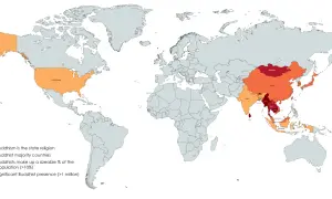 Mapa świata pokazująca, gdzie jest najwięcej buddystów. Najwięcej wyznawców buddyzmu jest w Azji Wschodniej i Południowo-Wschodniej.