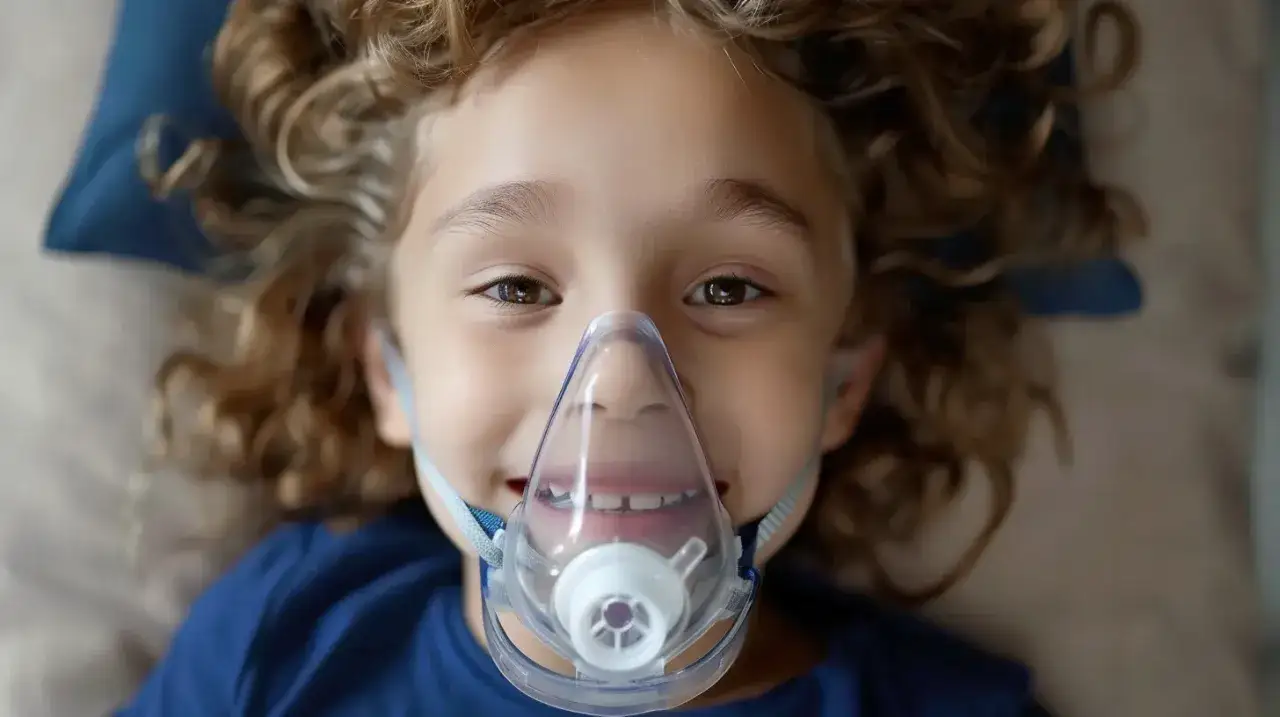 Uśmiechnięte dziecko z kręconymi włosami w masce do inhalacji. Zastanawia się, ile kropli olejku do inhalacji jest bezpieczne.